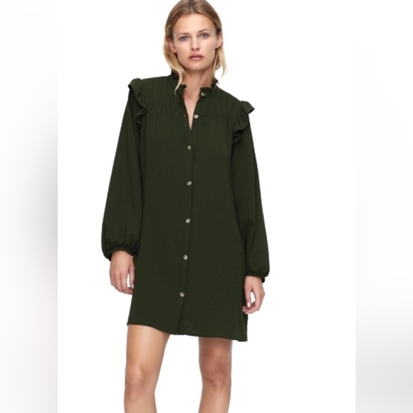 Zara Dresses & Skirts - ZARA Women’s Olive Green Ruffle High  Neck Mini Dress Size M